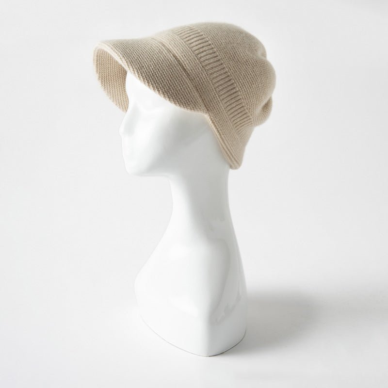 Pure Cashmere Knit Visor Cap Cashmere Beanie with Brim Cashmere Knit Hat Beige M