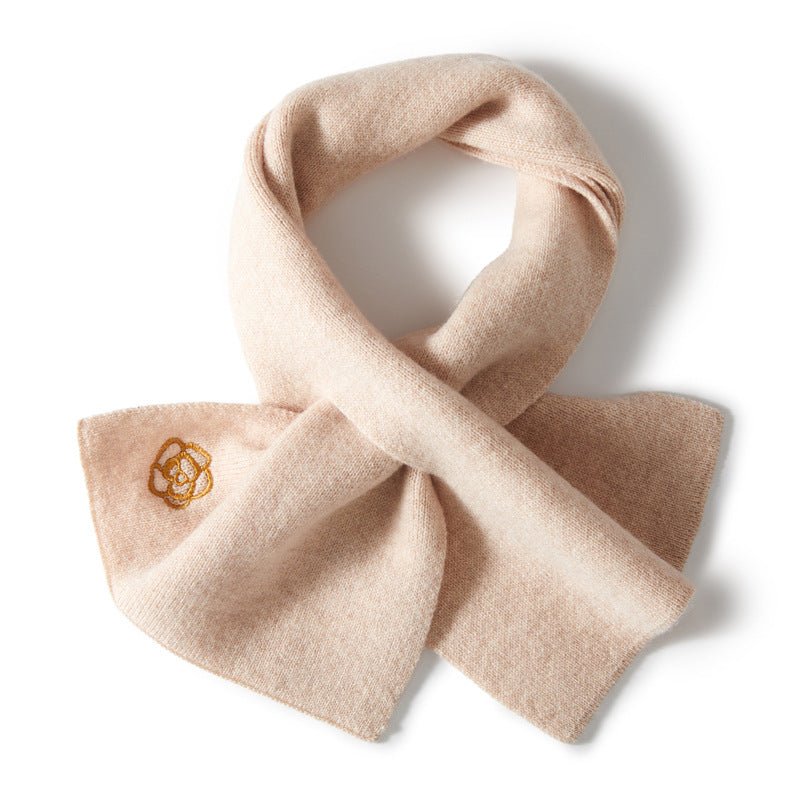 Pure Cashmere Scarf Cashmere Neck Warmer with Embroidered Flower Beige M