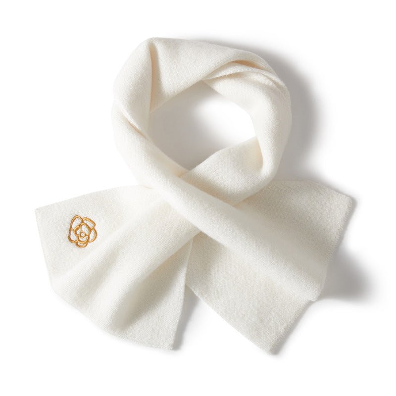 Pure Cashmere Scarf Cashmere Neck Warmer with Embroidered Flower Ivory M