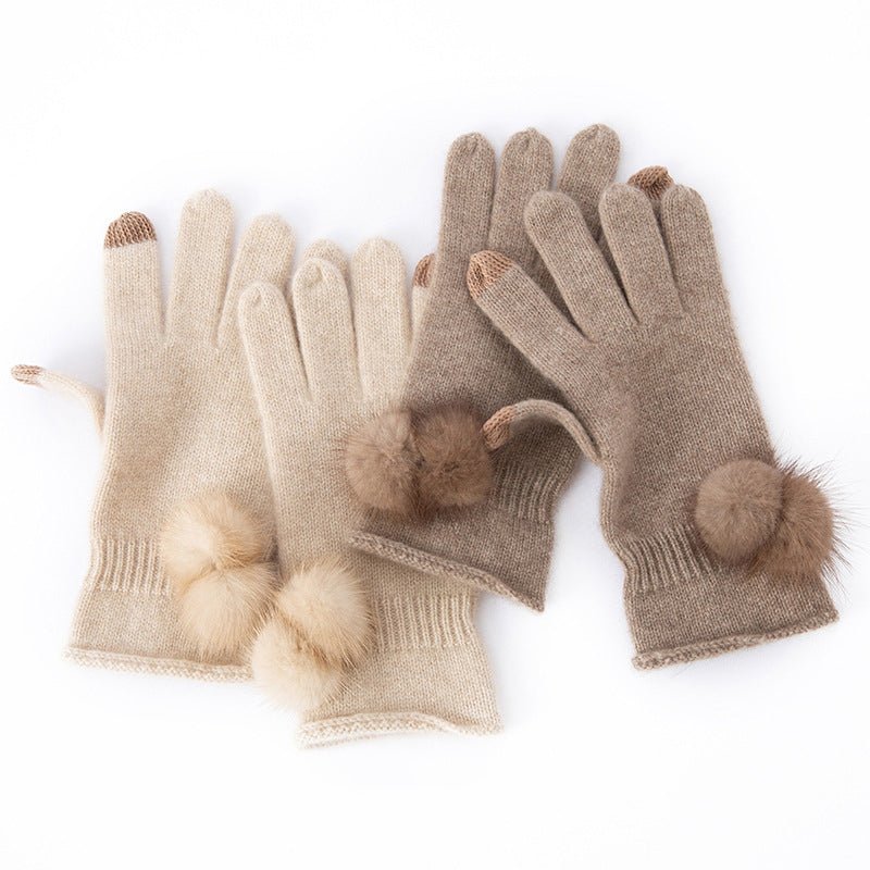 Cashmere Gloves Fur Pom and Contrast Tips Touchscreen Cashmere Mittens Taupe M