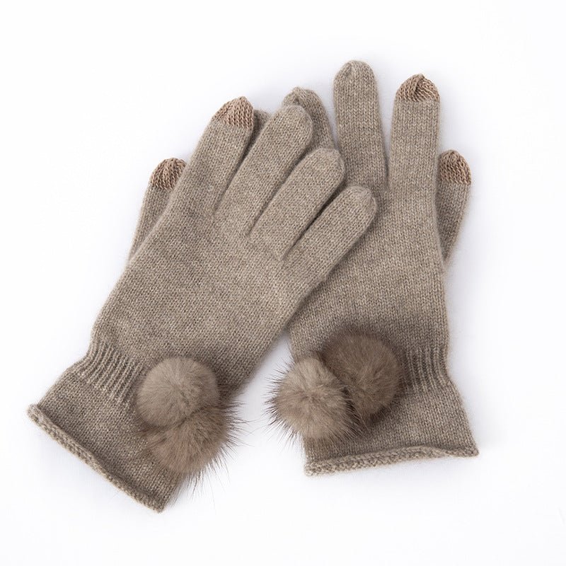 Cashmere Gloves Fur Pom and Contrast Tips Touchscreen Cashmere Mittens Taupe M