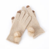Cashmere Gloves Fur Pom and Contrast Tips Touchscreen Cashmere Mittens Beige M