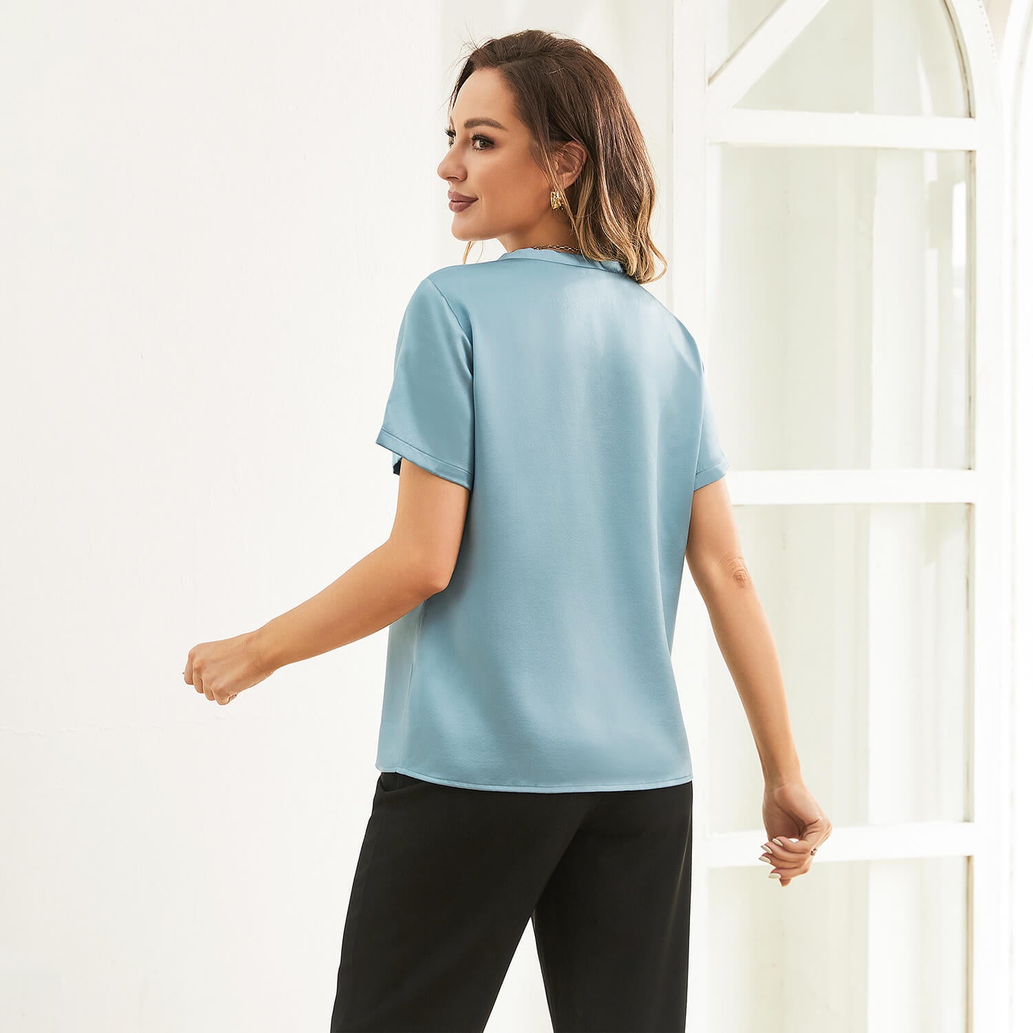 Pure Silk Blouses Short Sleeves Womens Pure Silk Top Black XS
