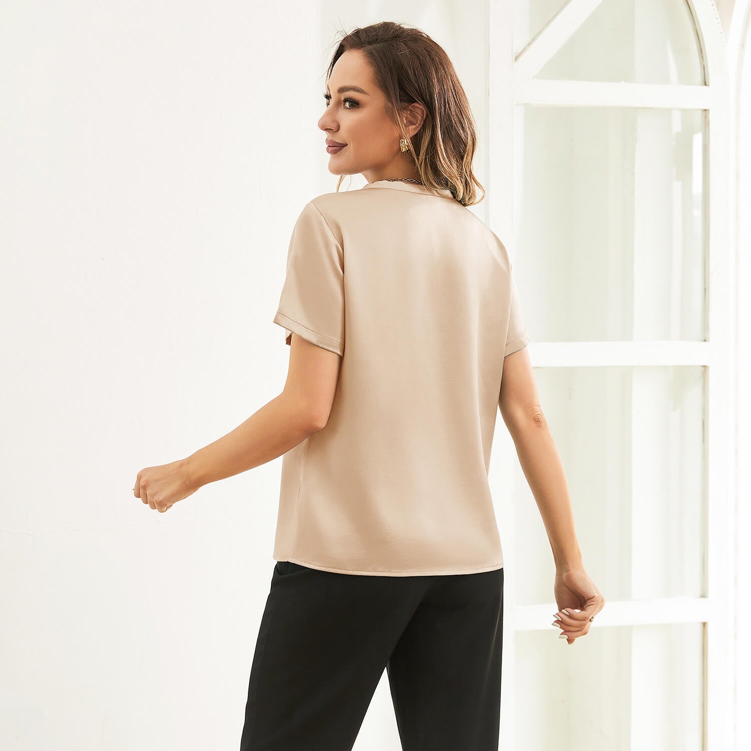 Pure Silk Blouses Short Sleeves Womens Pure Silk Top Champagne XS