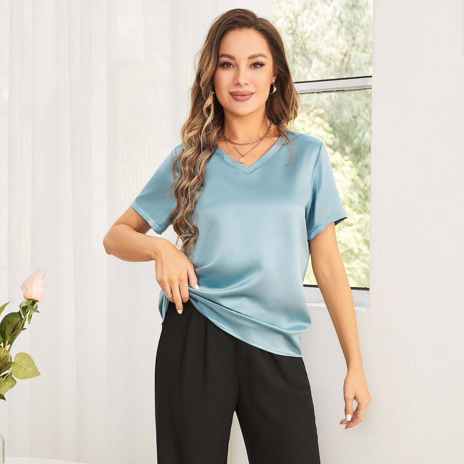 Pure Silk Blouses Short Sleeves Womens Pure Silk Top Black XS