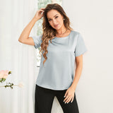 Pure Silk Blouses Short Sleeves Mulberry Silk Round Neck Shirt Silver Gray XS