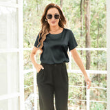Pure Silk Blouses Short Sleeves Mulberry Silk Round Neck Shirt Black XS