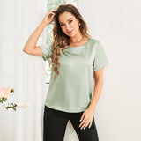 Pure Silk Blouses Short Sleeves Mulberry Silk Round Neck Shirt Light Green XS