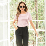 Pure Silk Blouses Short Sleeves Mulberry Silk Round Neck Shirt Rosy Pink XS