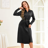 Pure Silk Midi Dresses Long Sleeve Button Down Silk Shirt Dress Black XS