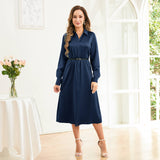 Pure Silk Midi Dresses Long Sleeve Button Down Silk Shirt Dress Navy Blue XS