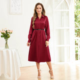 Pure Silk Midi Dresses Long Sleeve Button Down Silk Shirt Dress Claret XS