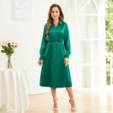 Pure Silk Midi Dresses Long Sleeve Button Down Silk Shirt Dress Green XS