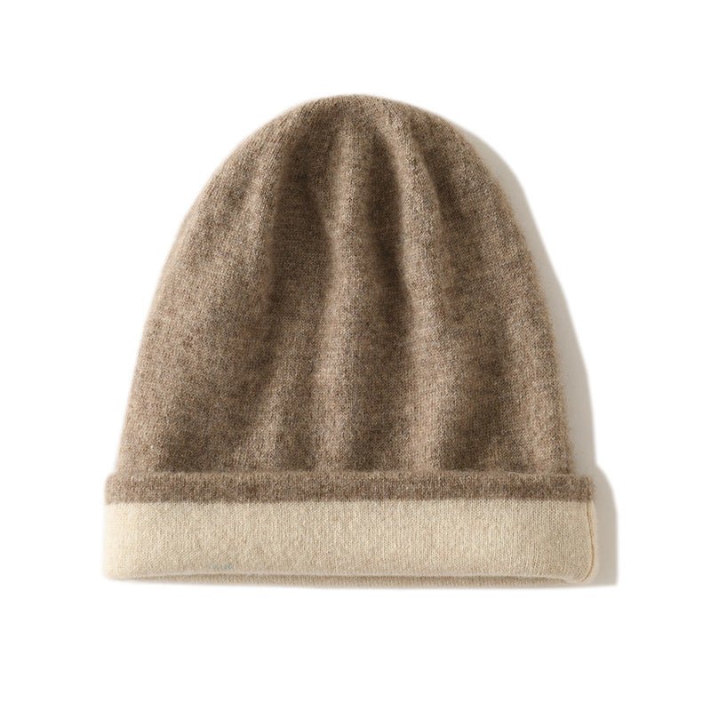Reversible Double Layer Cashmere Knit Beanie Double Sided Cashmere Hat Folded Edge Taupe M