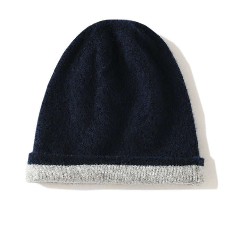 Reversible Double Layer Cashmere Knit Beanie Double Sided Cashmere Hat Folded Edge Navy Blue M