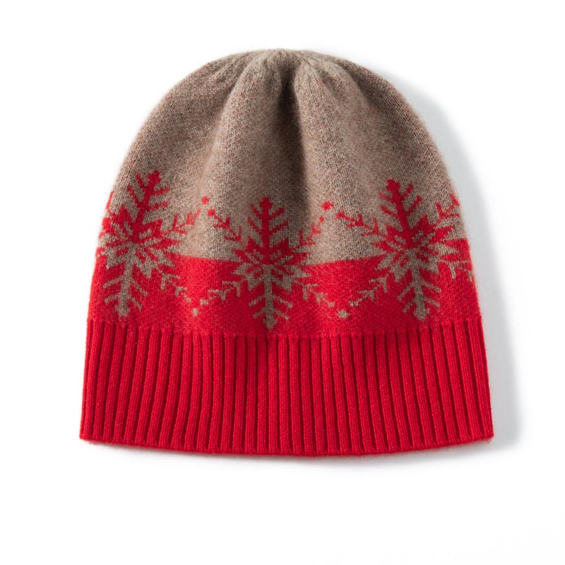 Winter Wonderland Cashmere Beanie Hat With Snowflake Print Red M