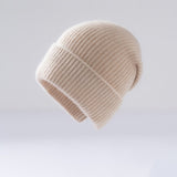 Ribbed 100% Cashmere Beanie Hat Premium Pure Cashmere Beanie with Folded Cuff Beige M