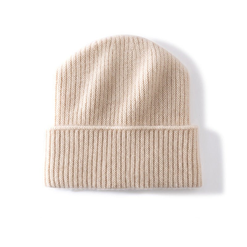 Ribbed 100% Cashmere Beanie Hat Premium Pure Cashmere Beanie with Folded Cuff Beige M