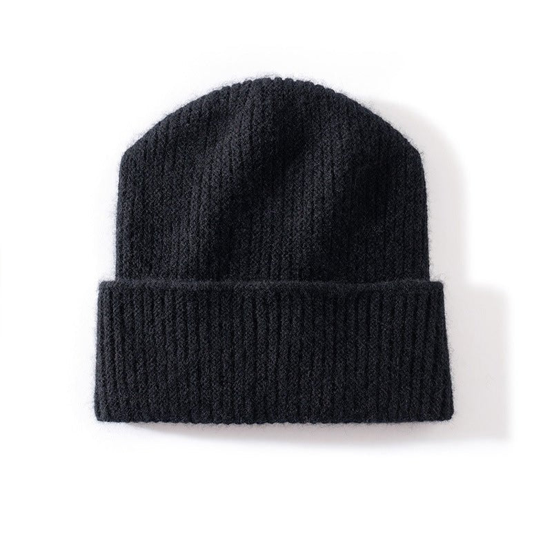 Ribbed 100% Cashmere Beanie Hat Premium Pure Cashmere Beanie with Folded Cuff Black M