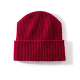 Ribbed 100% Cashmere Beanie Hat Premium Pure Cashmere Beanie with Folded Cuff Claret M