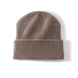 Ribbed 100% Cashmere Beanie Hat Premium Pure Cashmere Beanie with Folded Cuff Taupe M