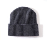 Ribbed 100% Cashmere Beanie Hat Premium Pure Cashmere Beanie with Folded Cuff Grey M