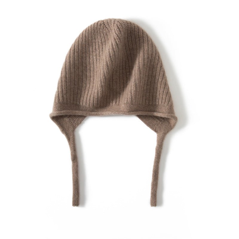 Ribbed Cashmere Earflap Hat with Ties Warm Cashmere Beanie for Women Taupe M