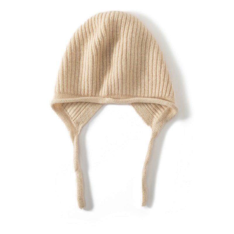 Ribbed Cashmere Earflap Hat with Ties Warm Cashmere Beanie for Women Beige M