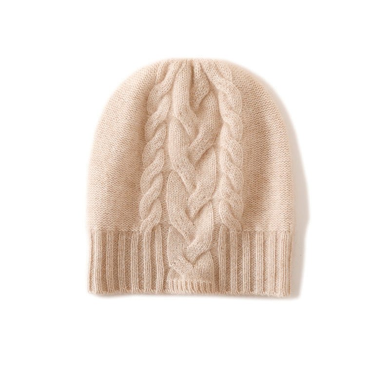 Ribbed Edge Cashmere Hat Braid Pattern Cashmere Beanie for Women Beige M
