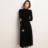 Ribbed Knit Cashmere Midi Dress Mock Neck Cashmere Dress for Women Black One size fits most