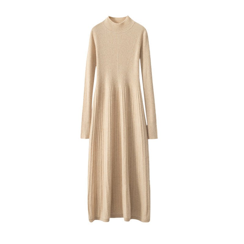 Ribbed Knit Cashmere Midi Dress Mock Neck Cashmere Dress for Women Beige One size fits most