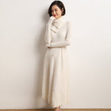 Ribbed Knit Cashmere Midi Dress Mock Neck Cashmere Dress for Women Ivory One size fits most