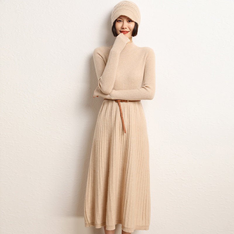 Ribbed Knit Cashmere Midi Dress Mock Neck Cashmere Dress for Women Beige One size fits most