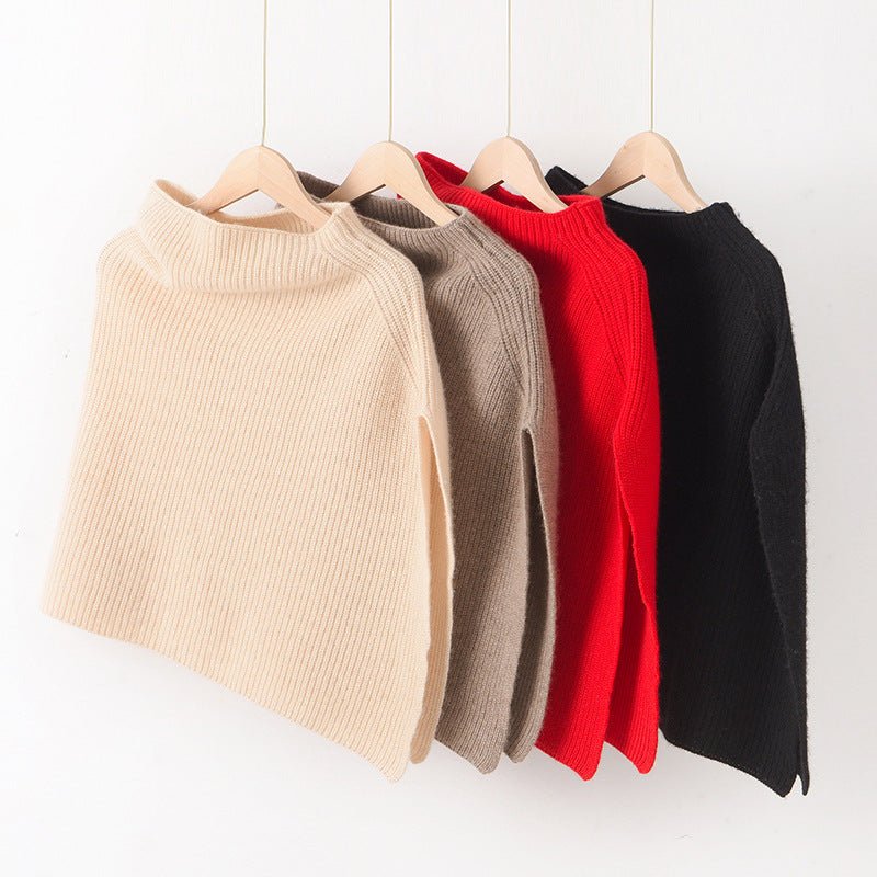 Ribbed Mock Neck Pure Cashmere Cloak Waistcoat Cashmere Scarf Red M