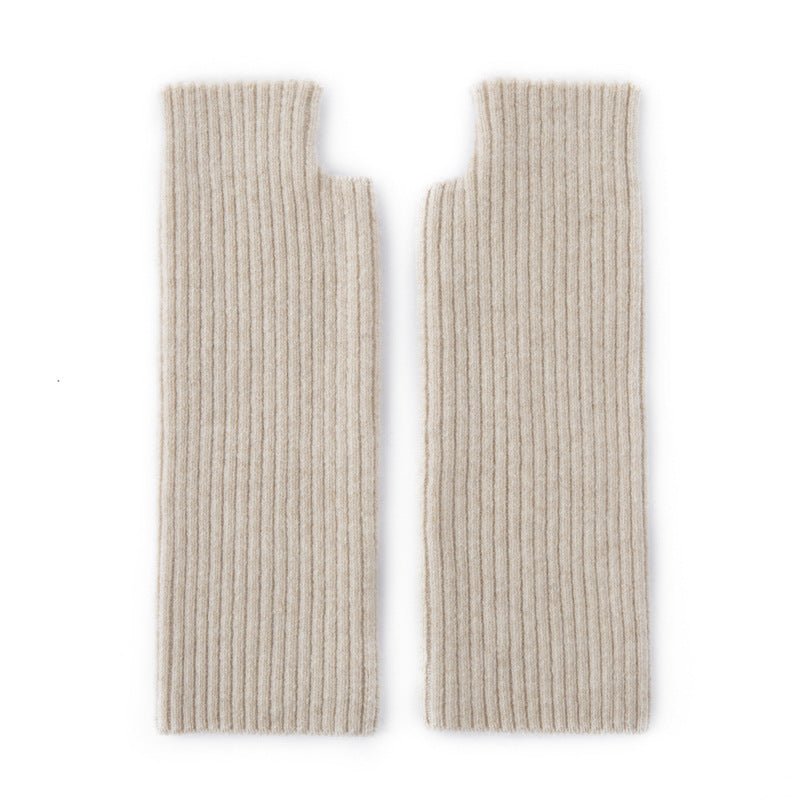 Ribbed Pure Cashmere Gloves Cashmere Wrist Warmers Long Cashmere Mitts Beige M