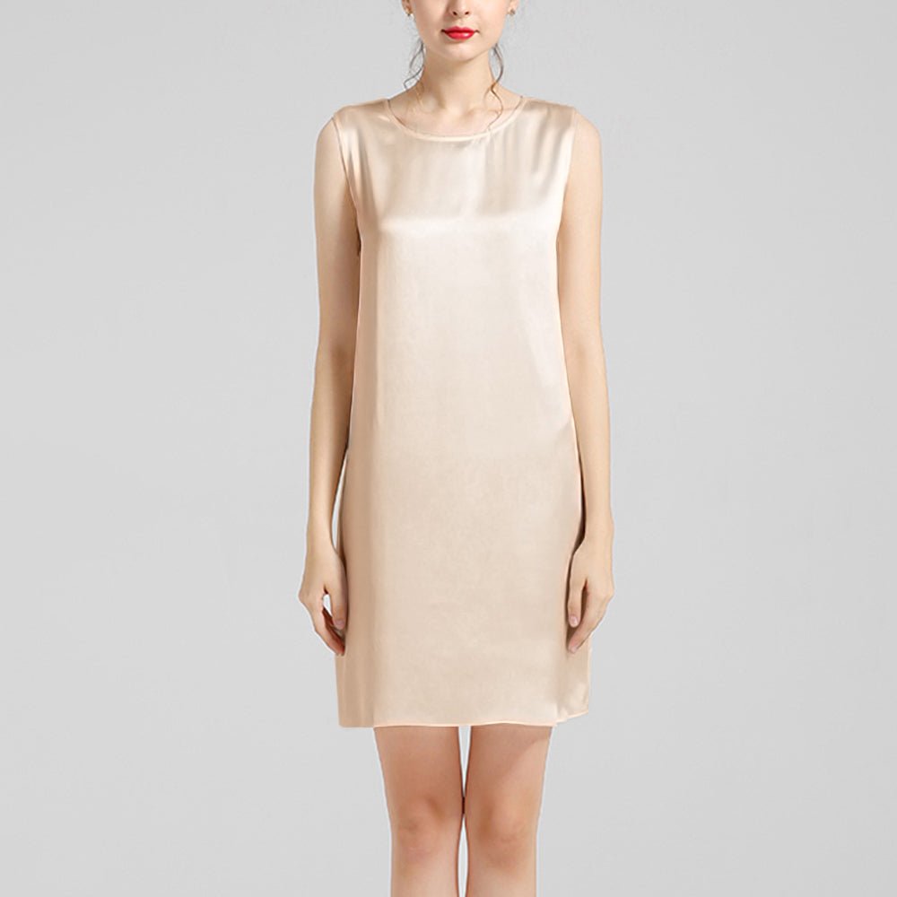 Round Neck Silk Dress Sleeveless Wedding Guest Party Dresses Champagne XS