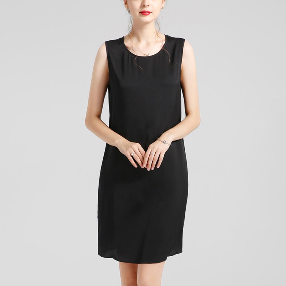 Round Neck Silk Dress Sleeveless Wedding Guest Party Dresses Black XS