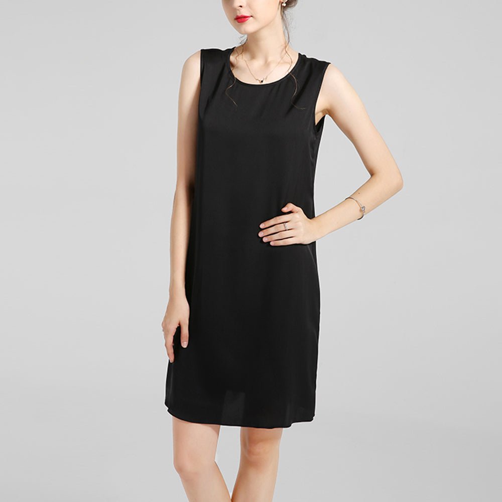 Round Neck Silk Dress Sleeveless Wedding Guest Party Dresses Black XS
