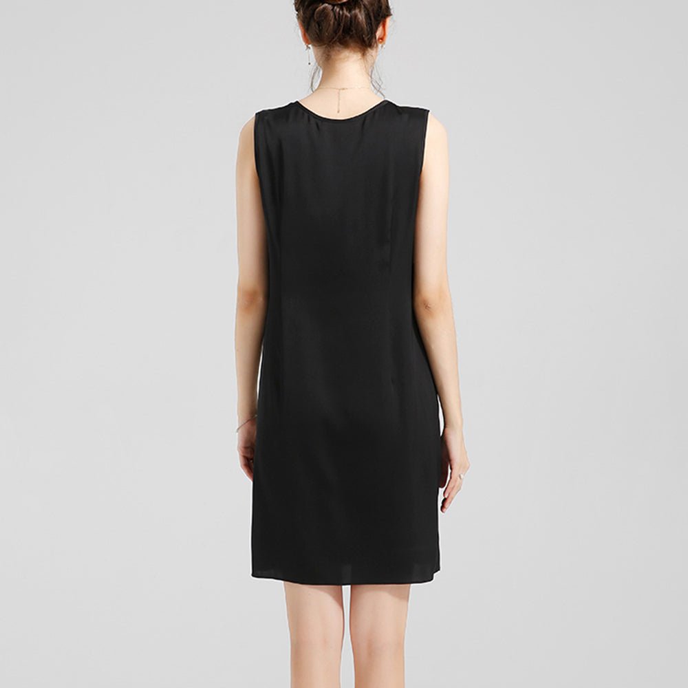 Round Neck Silk Dress Sleeveless Wedding Guest Party Dresses Black XS