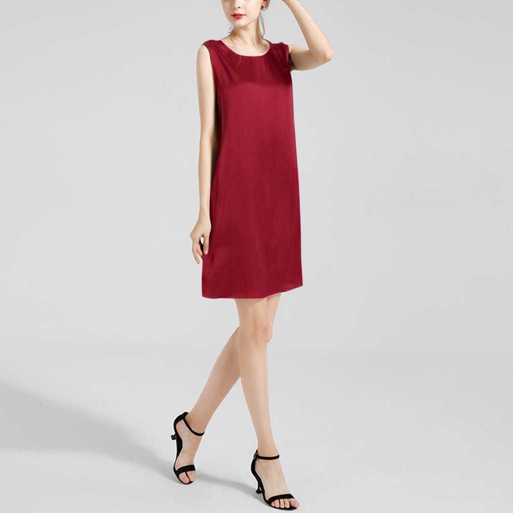 Round Neck Silk Dress Sleeveless Wedding Guest Party Dresses Claret XS