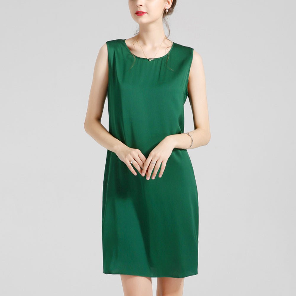 Round Neck Silk Dress Sleeveless Wedding Guest Party Dresses Green XS