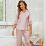 Ruffled Silk Pajamas For Women Two Piece Silk Jammies Rosy Pink XS