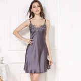 Women Sexy Lace Silk Nightgown V Neck Pure Silk Slip Dress Purple Gray XS