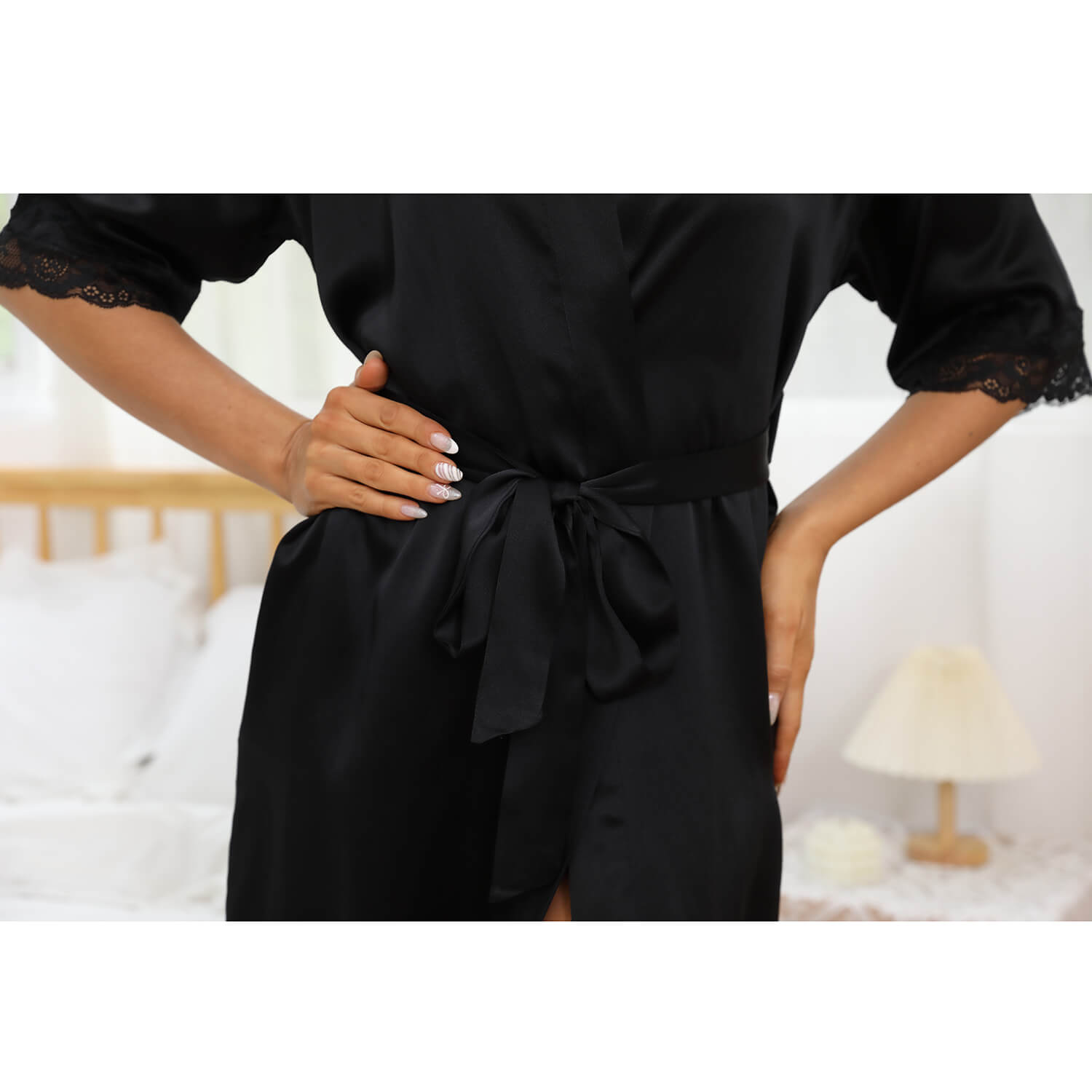 Womens Silk Robes 100% Sexy Lace Silk Kimono Robe Black XS