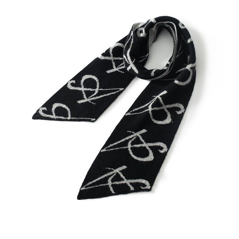 Short Cashmere Scarf Artistic Cashmere Scarf With Abstract Pattern Black M