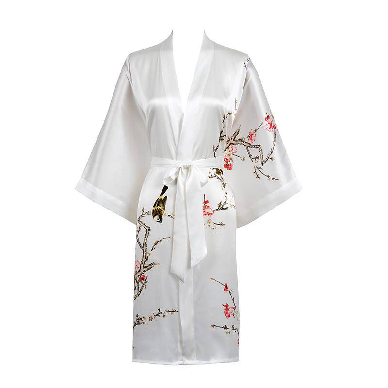 Short Silk Kimono Robe Cherry Blossom Silk Dressing Gown White One size fits most