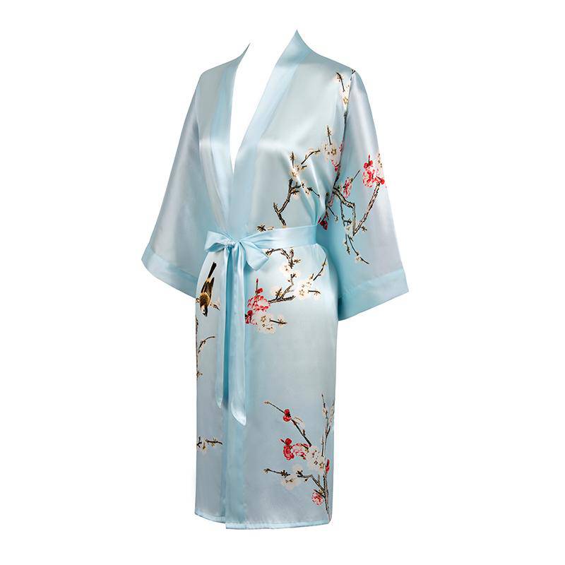 Short Silk Kimono Robe Cherry Blossom Silk Dressing Gown Light Blue One size fits most