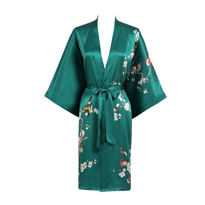 Short Silk Kimono Robe Cherry Blossom Silk Dressing Gown Green One size fits most