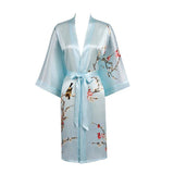 Short Silk Kimono Robe Cherry Blossom Silk Dressing Gown Light Blue One size fits most