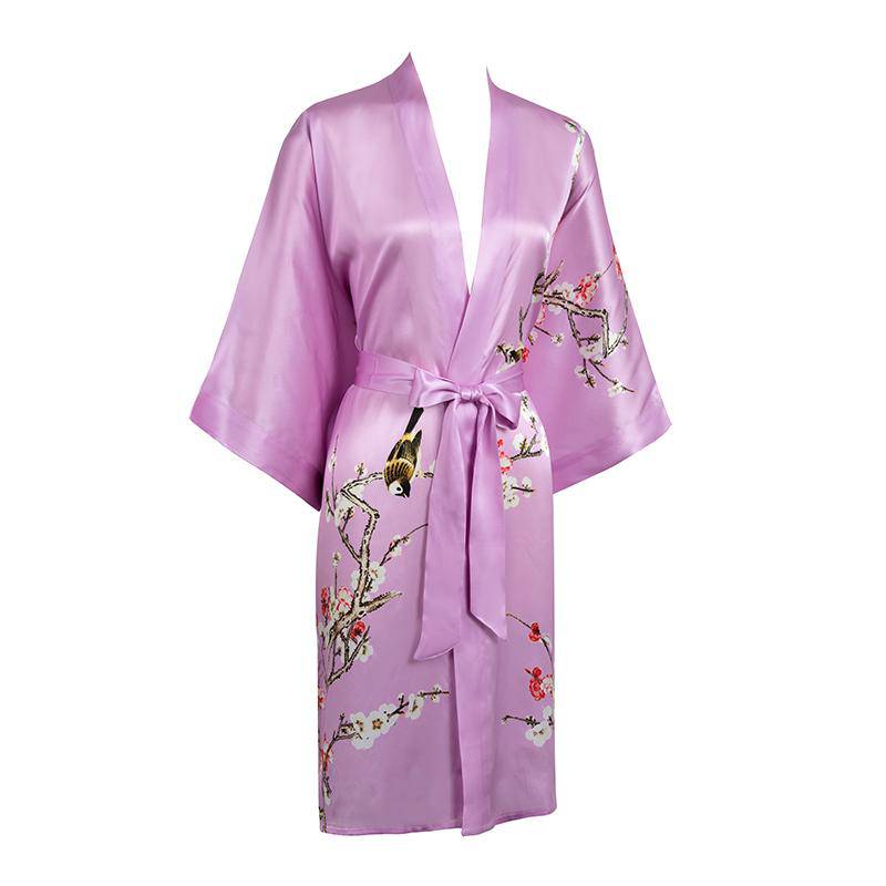 Short Silk Kimono Robe Cherry Blossom Silk Dressing Gown Pink One size fits most